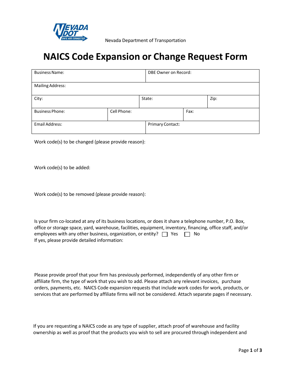 Naics Code Expansion or Change Request Form - Nevada, Page 1