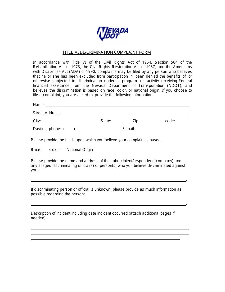 Title VI Discrimination Complaint Form - Nevada, Page 1