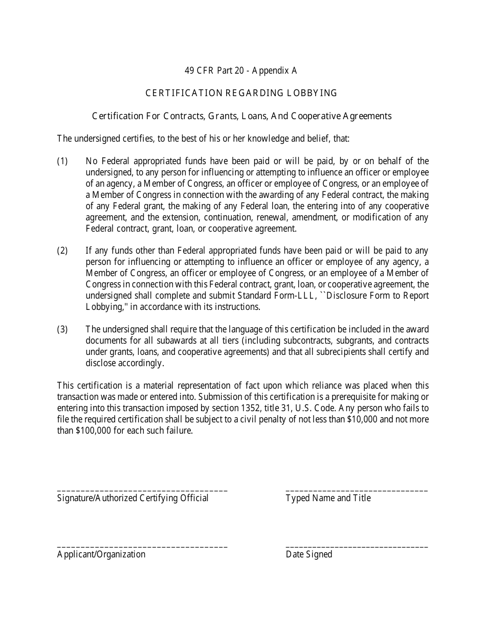 Appendix A Certification Regarding Lobbying - Certification for Contracts, Grants, Loans, and Cooperative Agreements - Nevada, Page 1