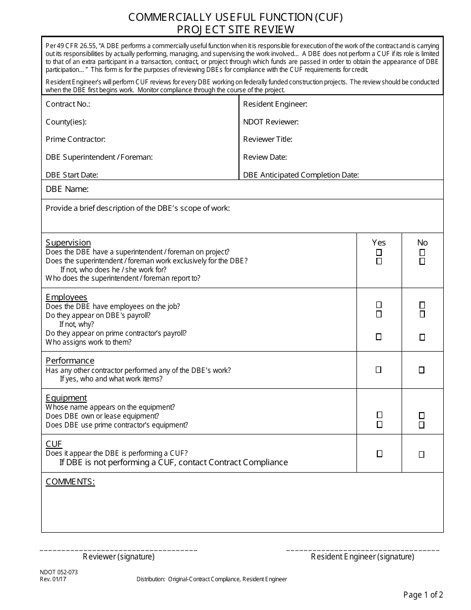 NDOT Form 052-073 Commercially Useful Function (Cuf) Checklist - Nevada, Page 1