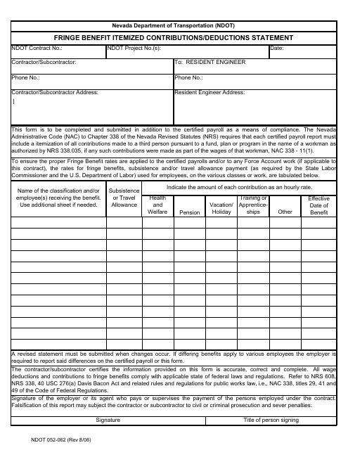 NDOT Form 052-062 Fringe Benefit Itemized Contributions/Deductions Statement - Nevada