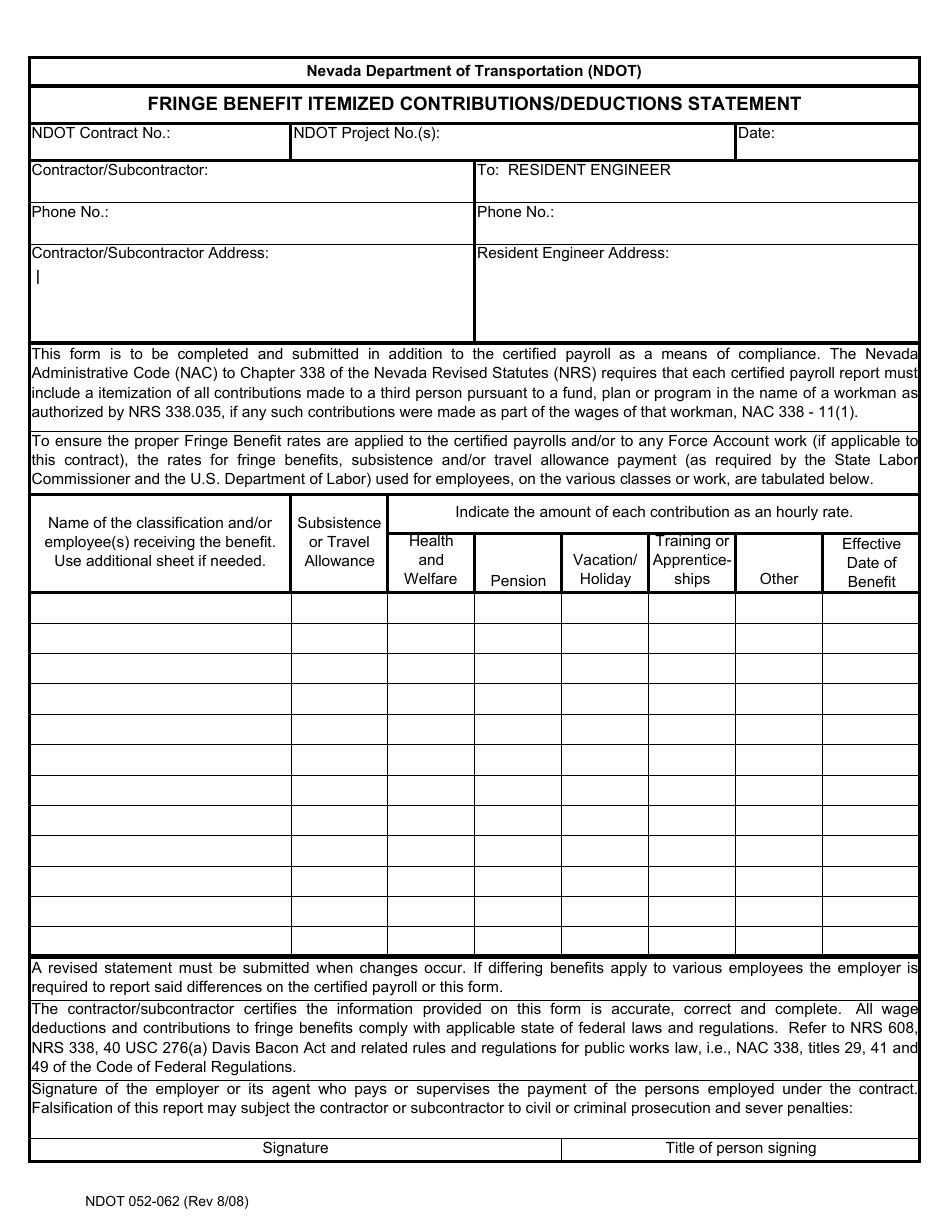 NDOT Form 052-062 Fringe Benefit Itemized Contributions / Deductions Statement - Nevada, Page 1