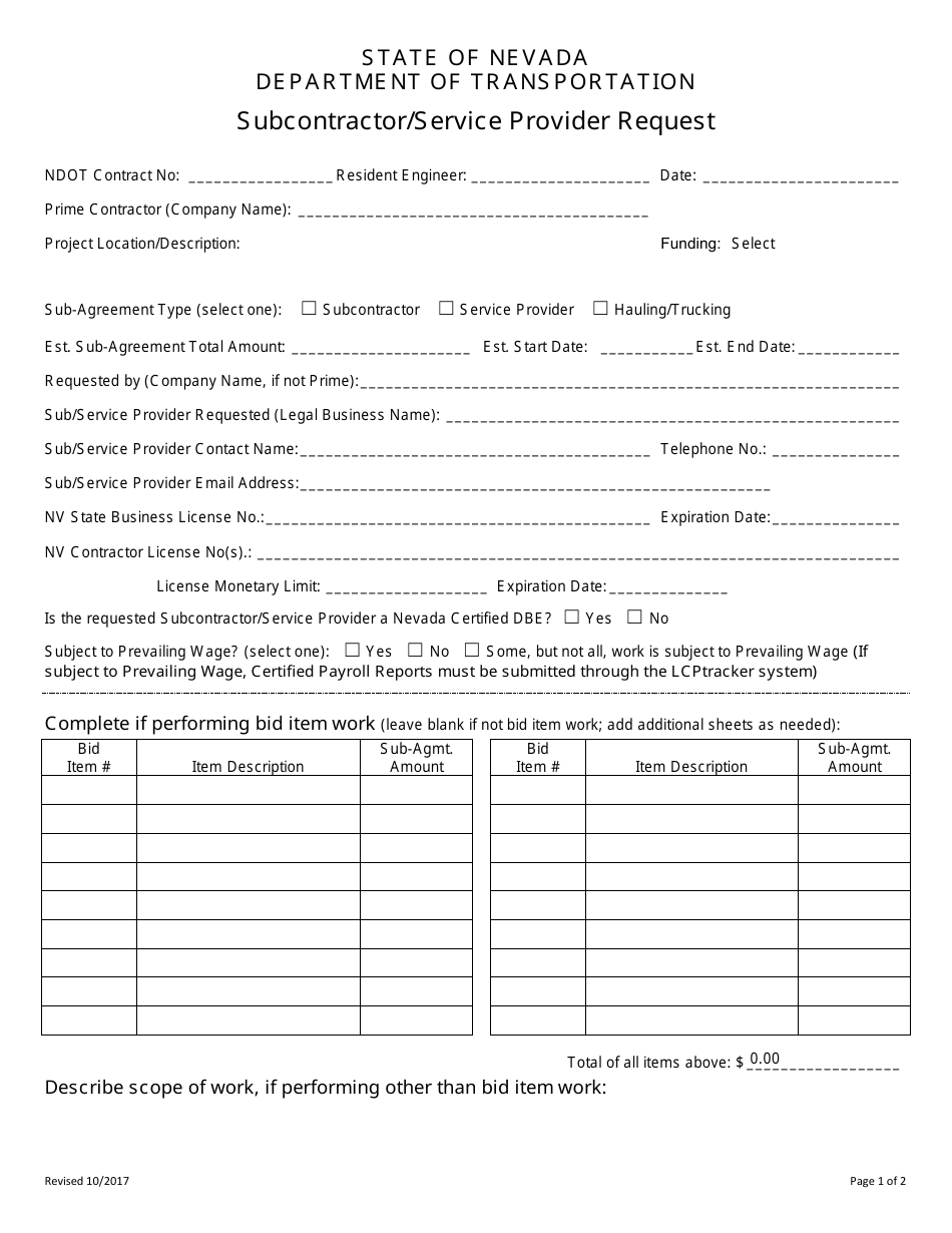 Subcontractor / Service Provider Request Form - Nevada, Page 1
