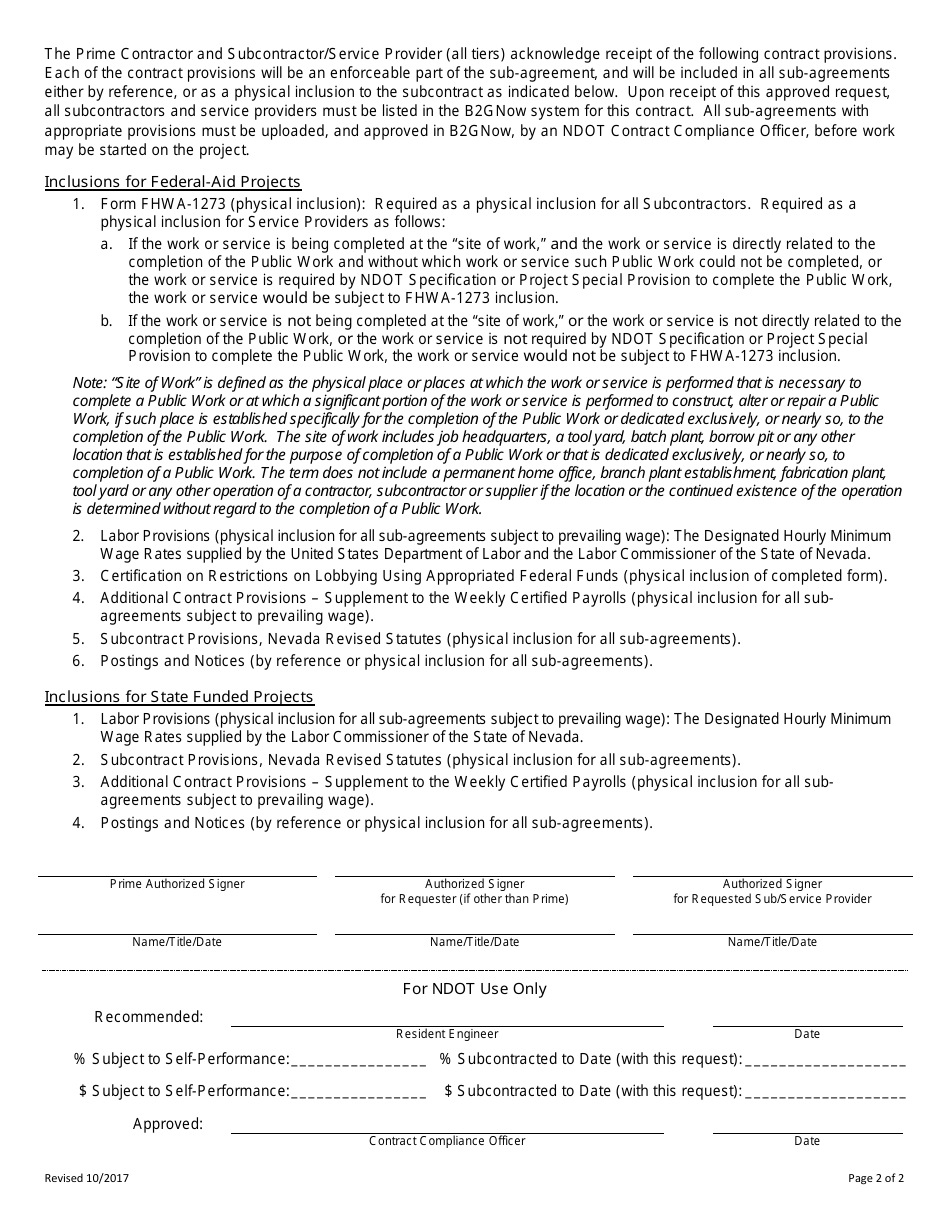 Subcontractor / Service Provider Request Form - Nevada, Page 2