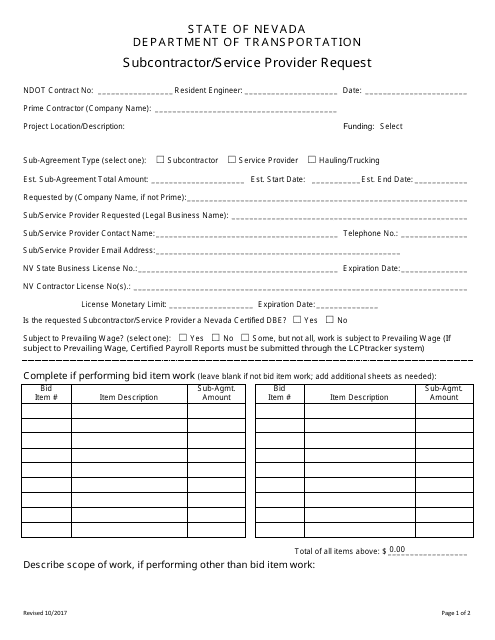 Subcontractor/Service Provider Request Form - Nevada