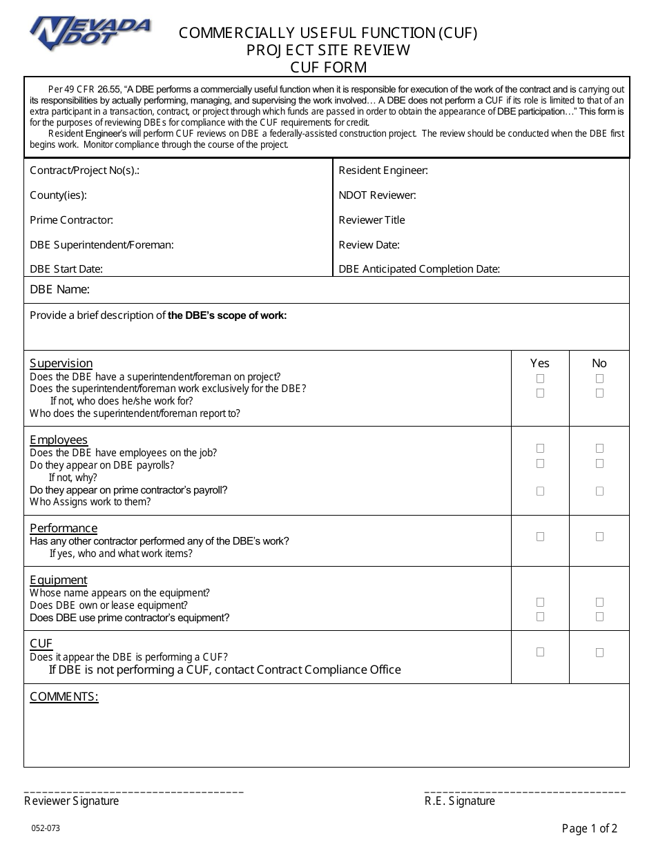 NDOT Form 052-073 Project Site Review Cuf Form - Commercially Useful Function (Cuf) - Nevada, Page 1
