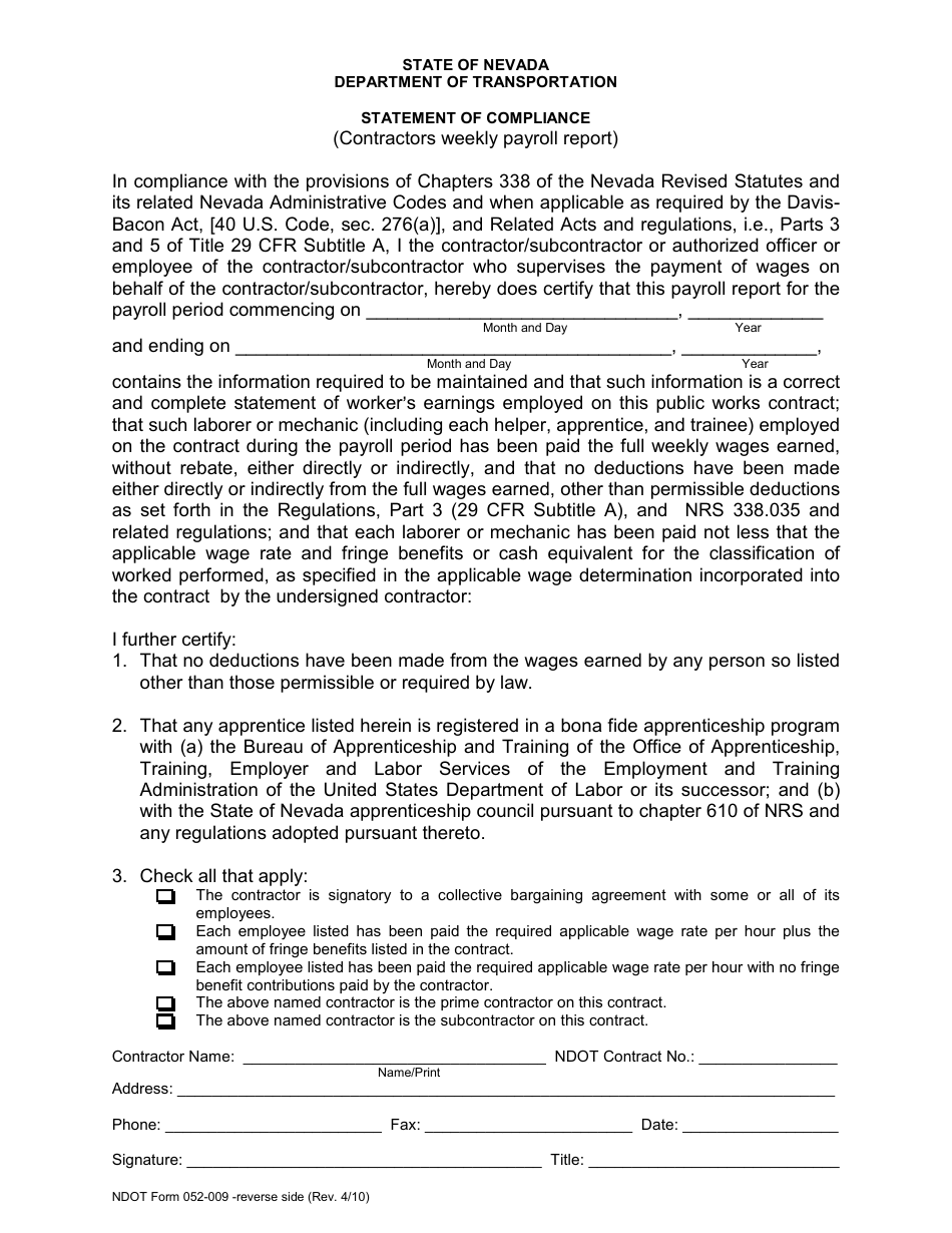 NDOT Form 052-009 Statement of Compliance - Nevada, Page 1