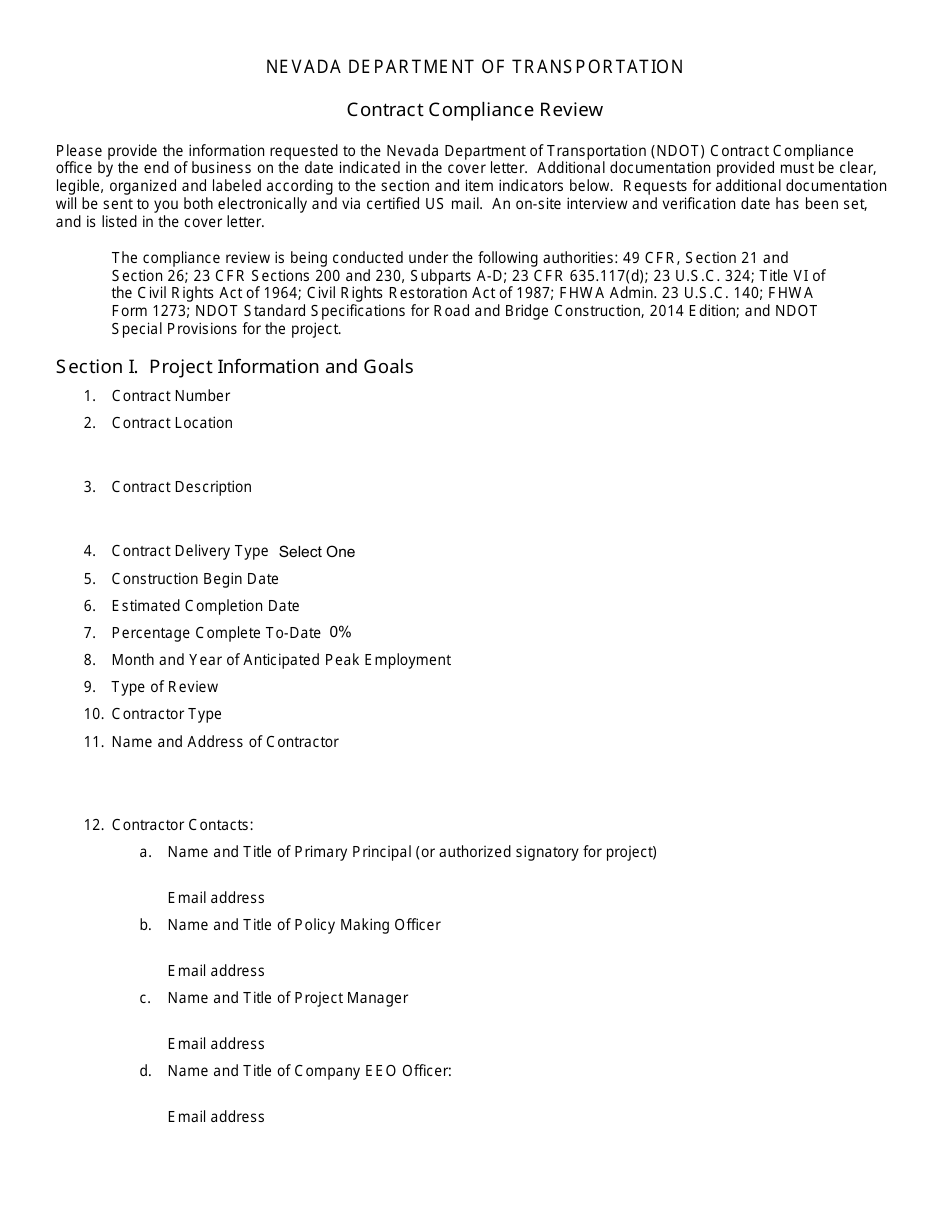 Contract Compliance Review Form - Nevada, Page 1