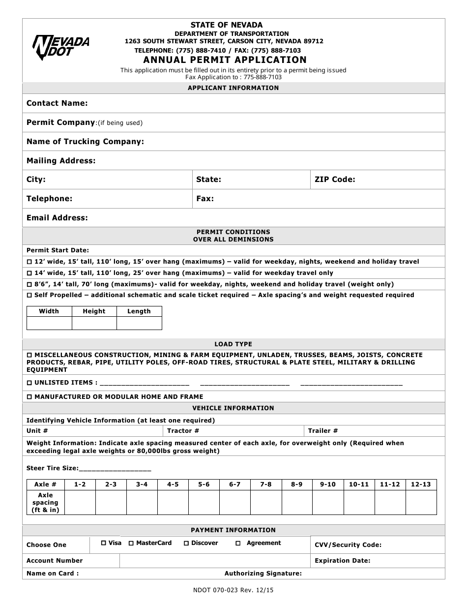 NDOT Form 070-023 Annual Permit Application - Nevada, Page 1