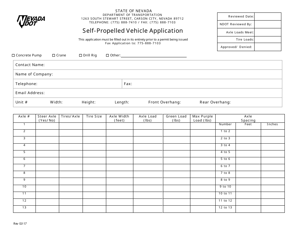Self-propelled Vehicle Application Form - Nevada, Page 1