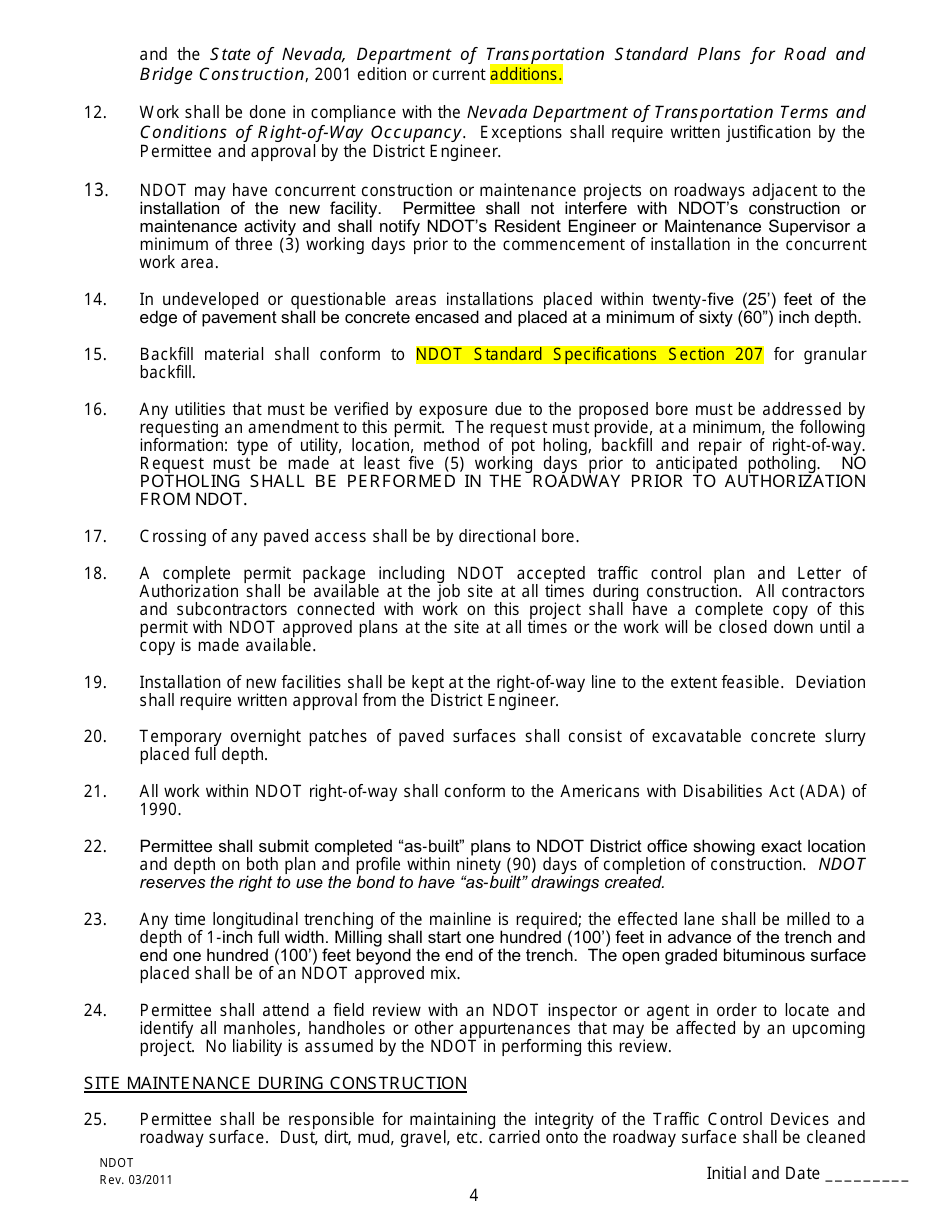 Application and Annual Permit for Telecommunication Occupancy of Nevada Department of Transportation Right-Of-Way - Nevada, Page 4