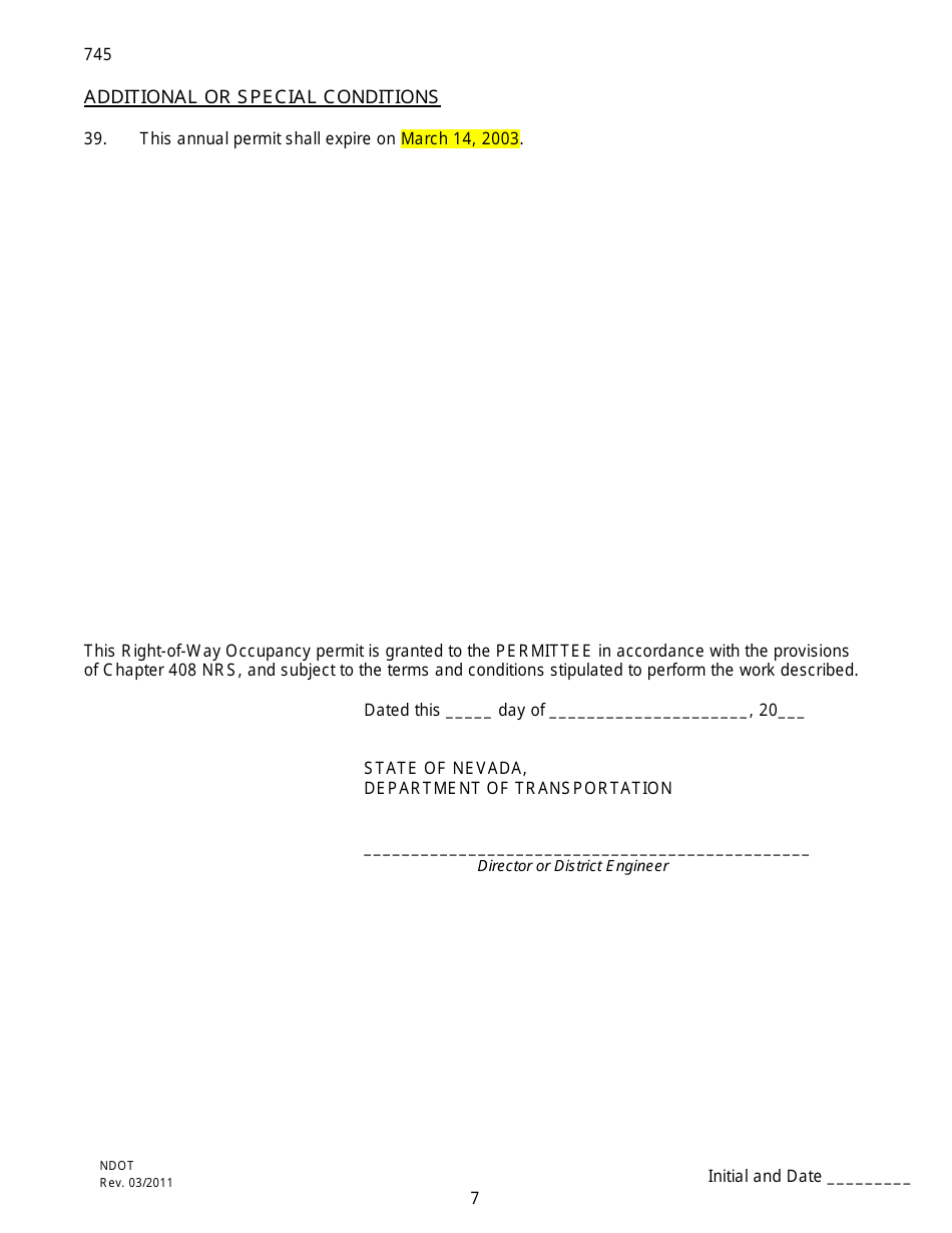 Application and Annual Permit for Telecommunication Occupancy of Nevada Department of Transportation Right-Of-Way - Nevada, Page 7