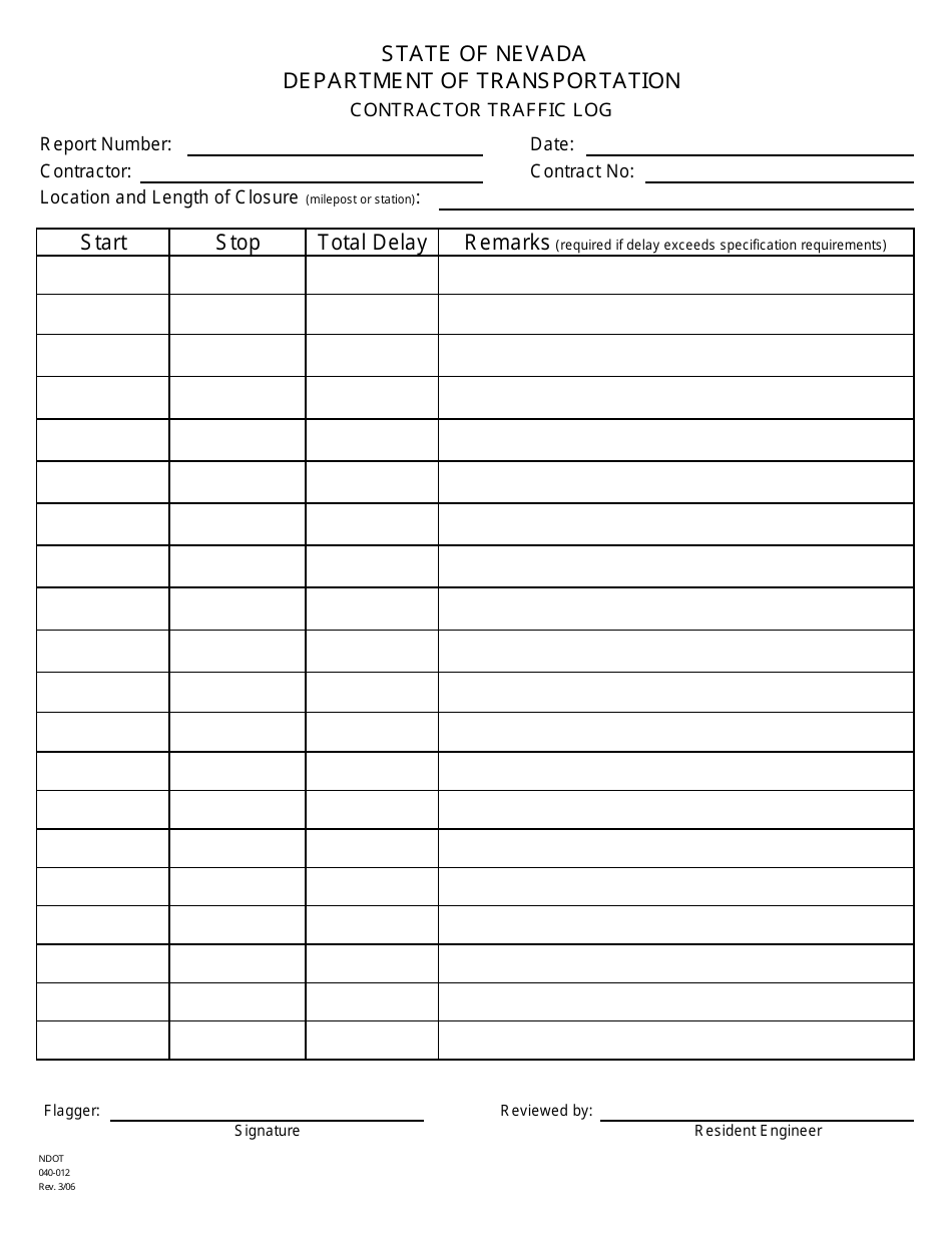 NDOT Form 040-012 Contractor Traffic Log - Nevada, Page 1