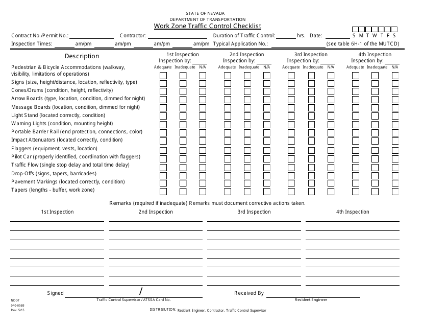 NDOT Form 040-056B Work Zone Traffic Control Checklist - Nevada