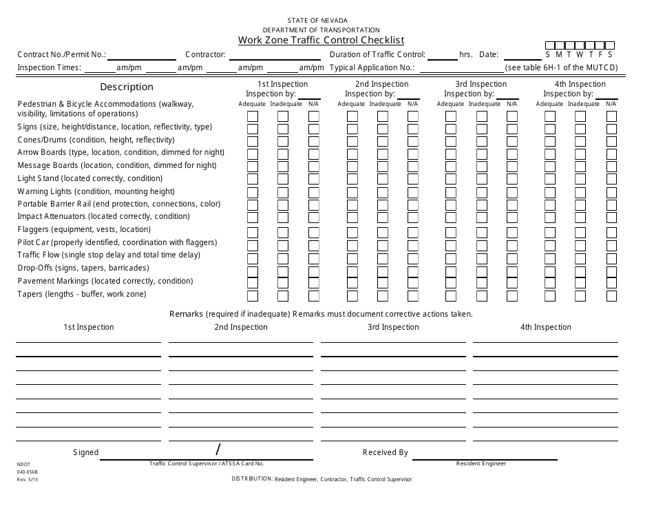 NDOT Form 040-056B Work Zone Traffic Control Checklist - Nevada, Page 1