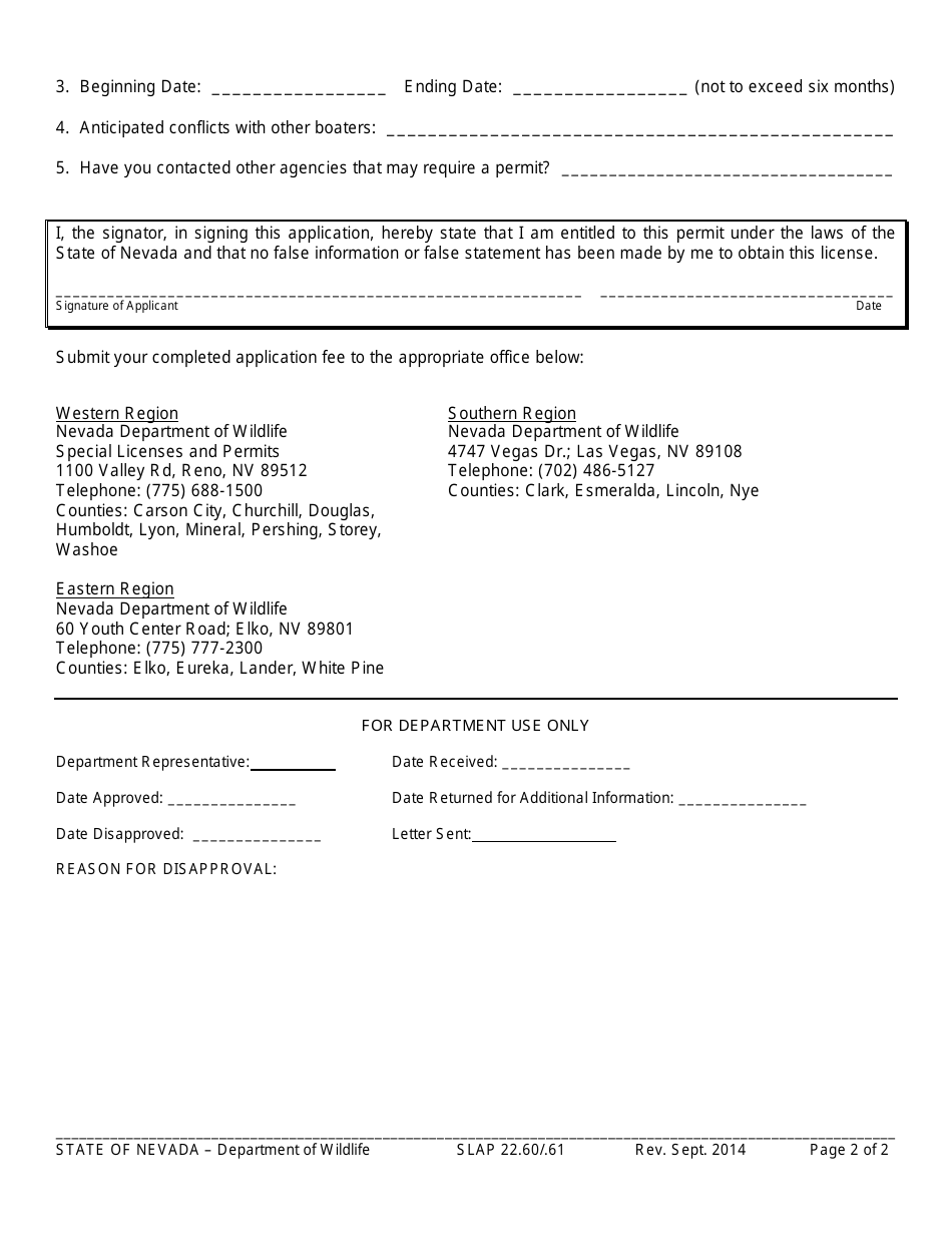 Form SLAP22.60 / .61 Application for Special Permit for Temporary Placement of Buoys for a Practice Course - Nevada, Page 2