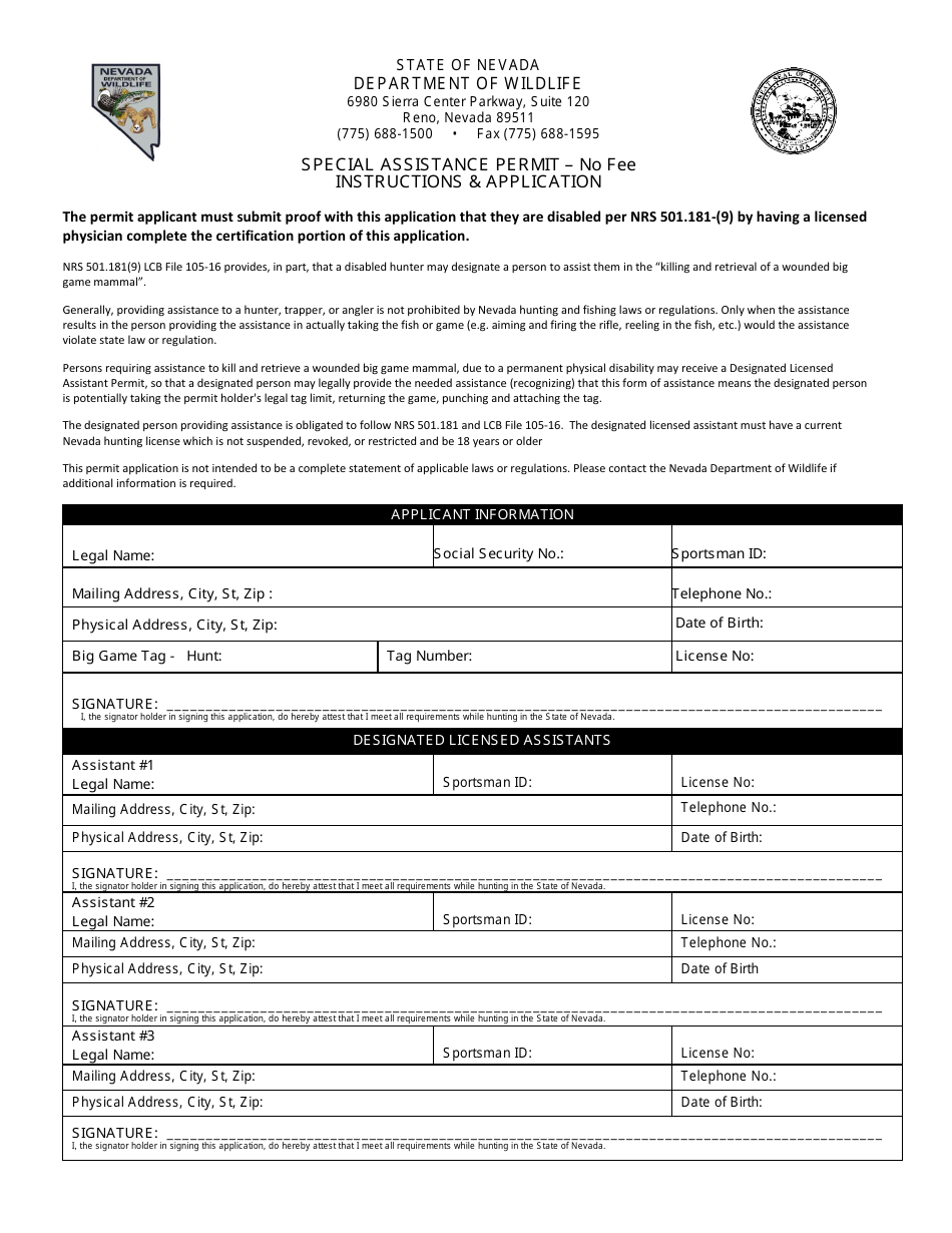 Special Assistance Permit Application Form - Nevada, Page 1