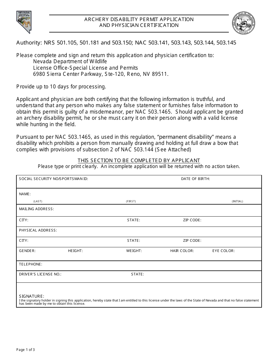 Archery Disability Permit Application Form and Physician Certification Form - Nevada, Page 1