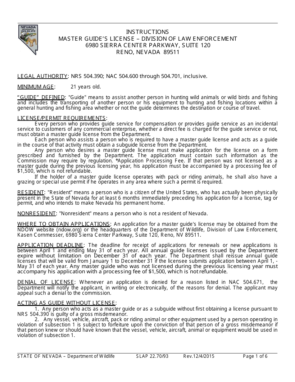 Instructions for Form SLAP22.70 / 93 Master Guides License Application - Nevada, Page 1