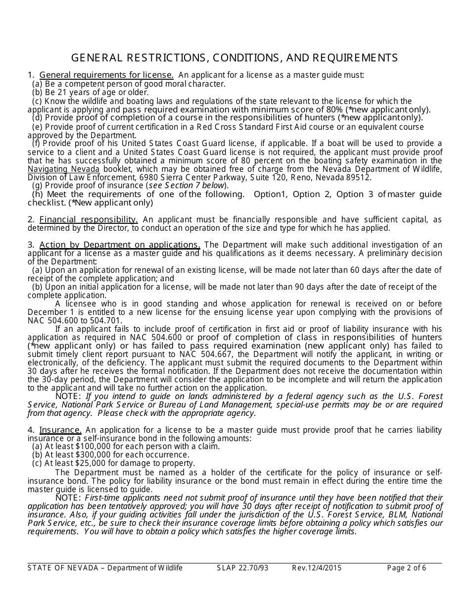 Instructions for Form SLAP22.70 / 93 Master Guides License Application - Nevada, Page 2