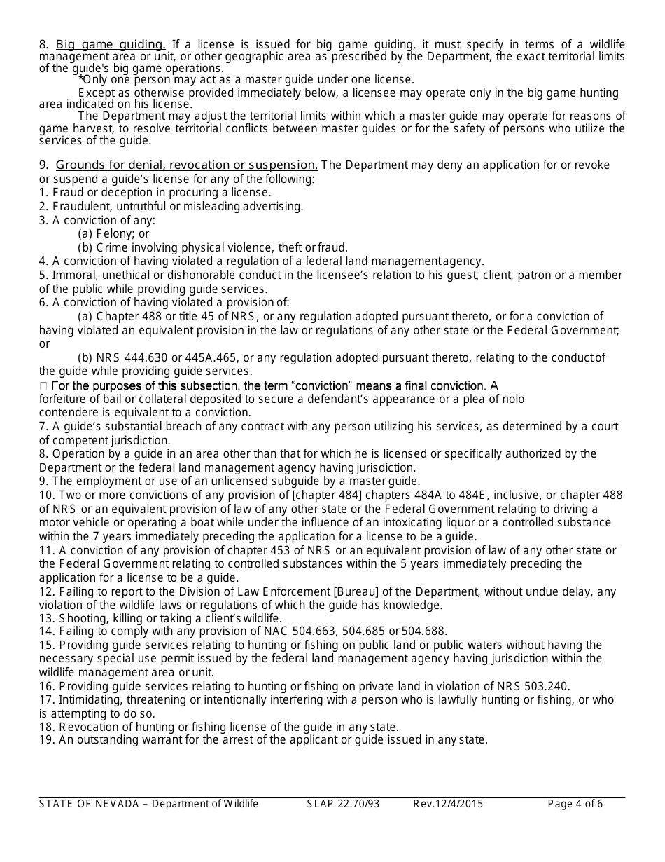 Instructions for Form SLAP22.70 / 93 Master Guides License Application - Nevada, Page 4