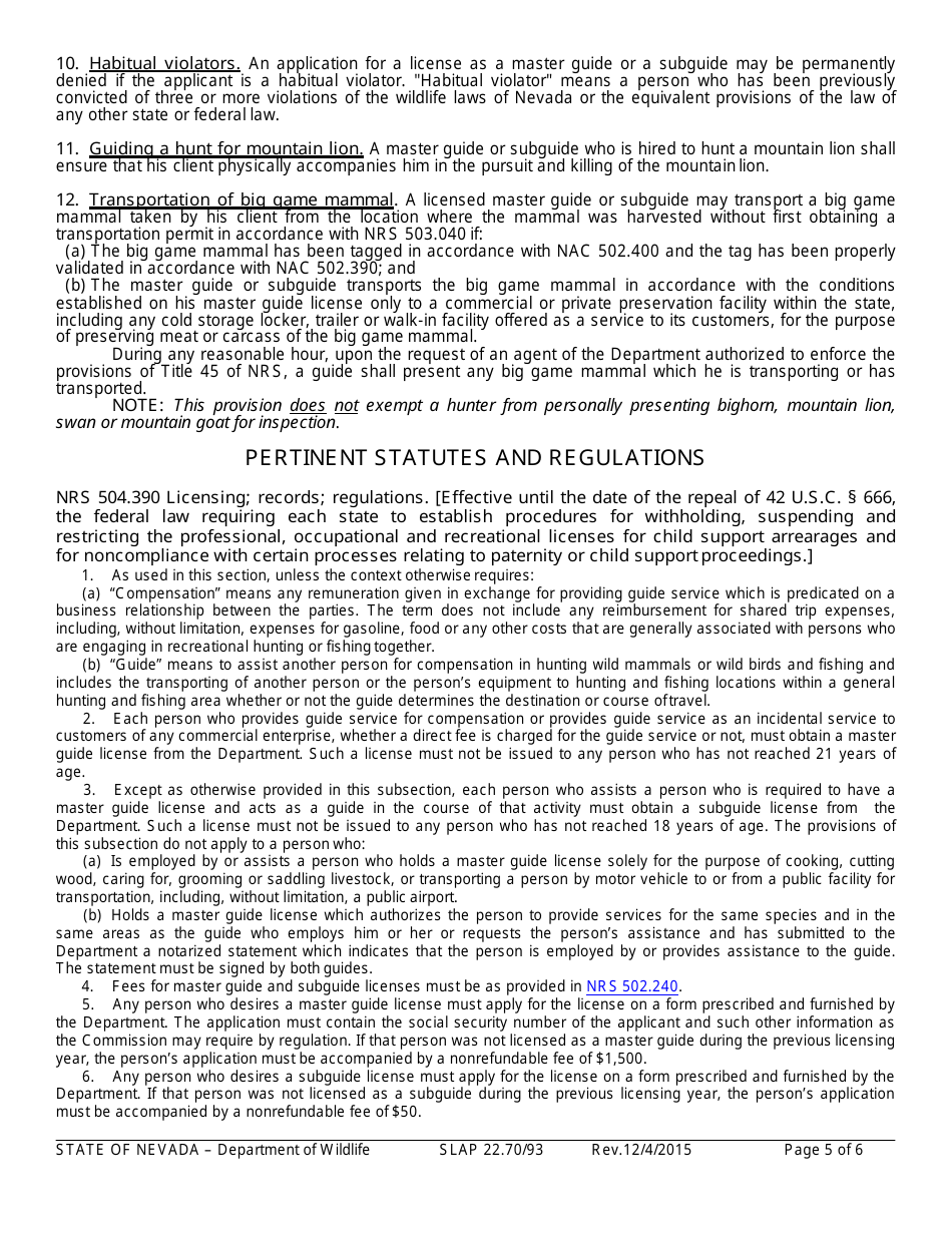 Instructions for Form SLAP22.70 / 93 Master Guides License Application - Nevada, Page 5
