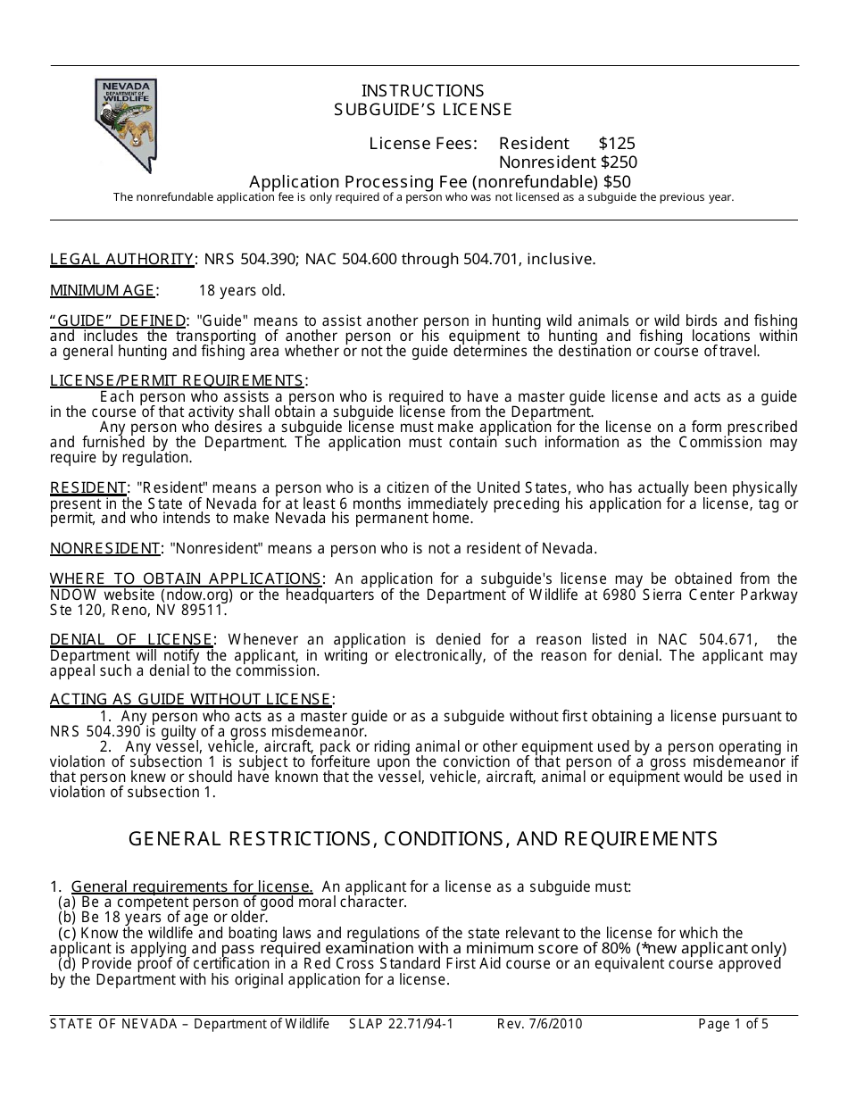 Instructions for Form SLAP22.71 / 94-1 Subguides License Application - Nevada, Page 1