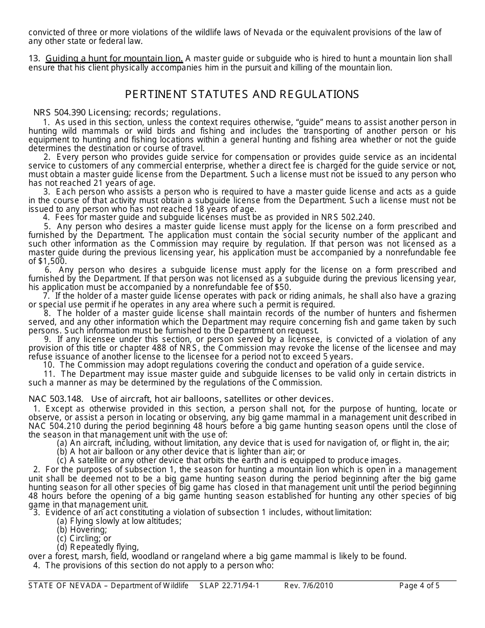 Instructions for Form SLAP22.71 / 94-1 Subguides License Application - Nevada, Page 4