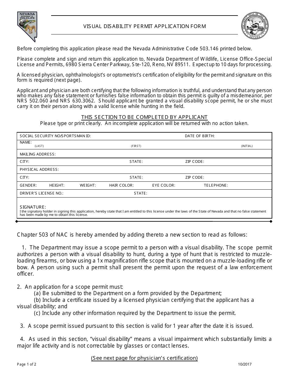 Visual Disability Permit Application Form - Nevada, Page 1