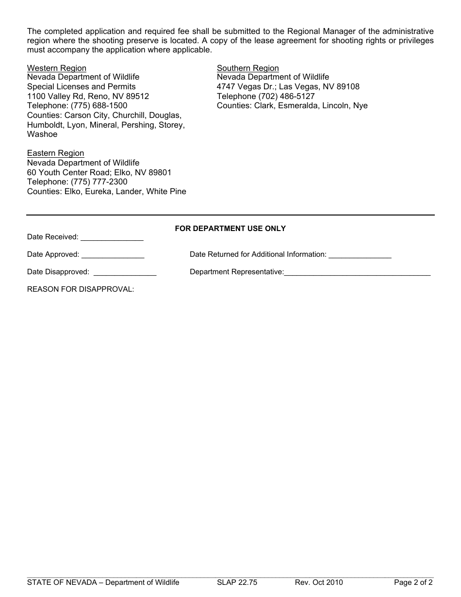 Form SLAP22.75 Application for Commercial or Private Shooting Preserve License - Nevada, Page 2