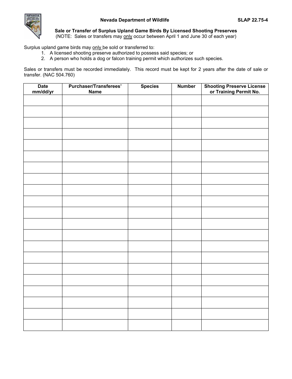 Form SLAP22.75-4 Sale or Transfer of Surplus Upland Game Birds by Licensed Shooting Preserves - Nevada, Page 1