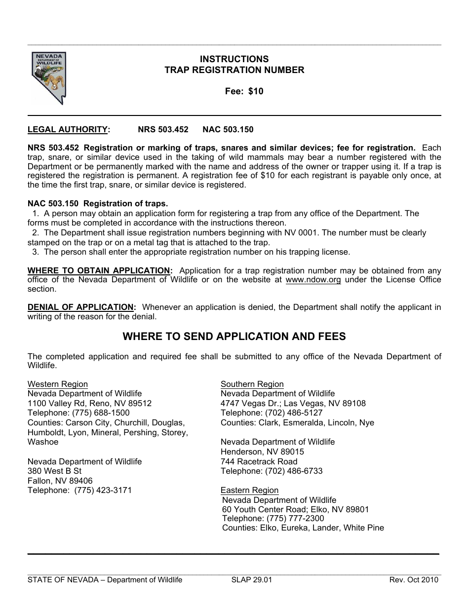 Instructions for Form SLAP29.01 Trap Registration Number - Nevada, Page 1