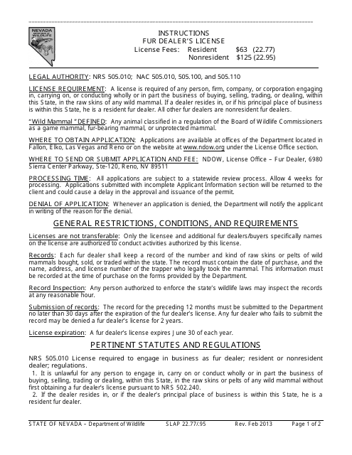 Instructions for Form SLAP22.77/.95 Fur Dealer's License Application - Nevada