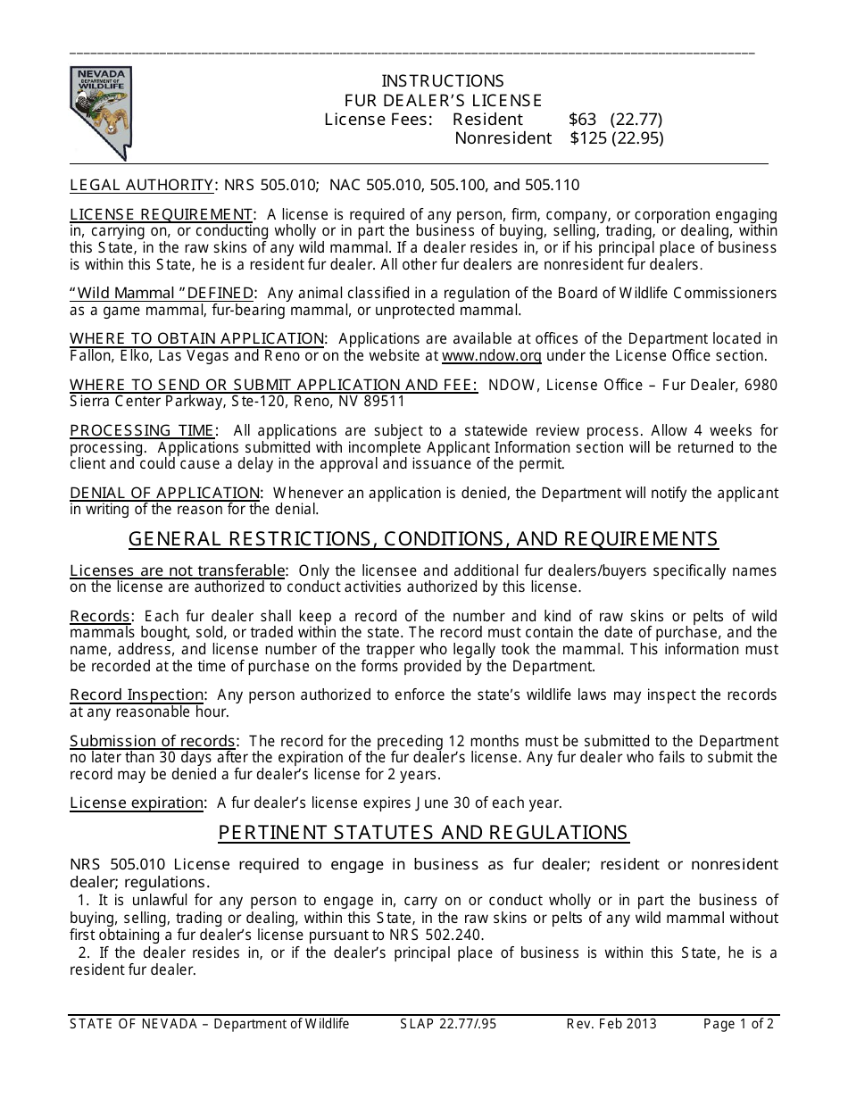 Instructions for Form SLAP22.77 / .95 Fur Dealers License Application - Nevada, Page 1