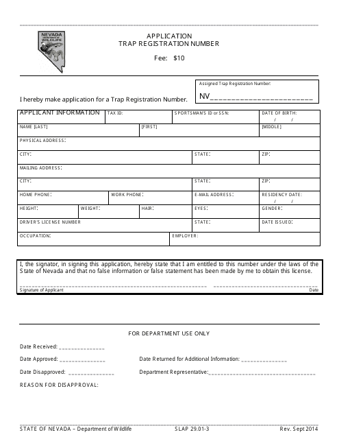 Form SLAP29.01-3 Application for Trap Registration Number - Nevada
