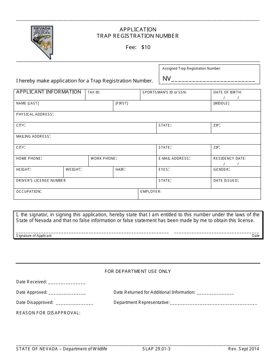Form SLAP29.01-3 Application for Trap Registration Number - Nevada, Page 1