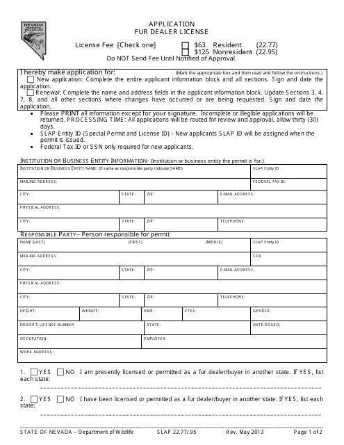 Form SLAP22.77/.95 Application for Fur Dealer License - Nevada