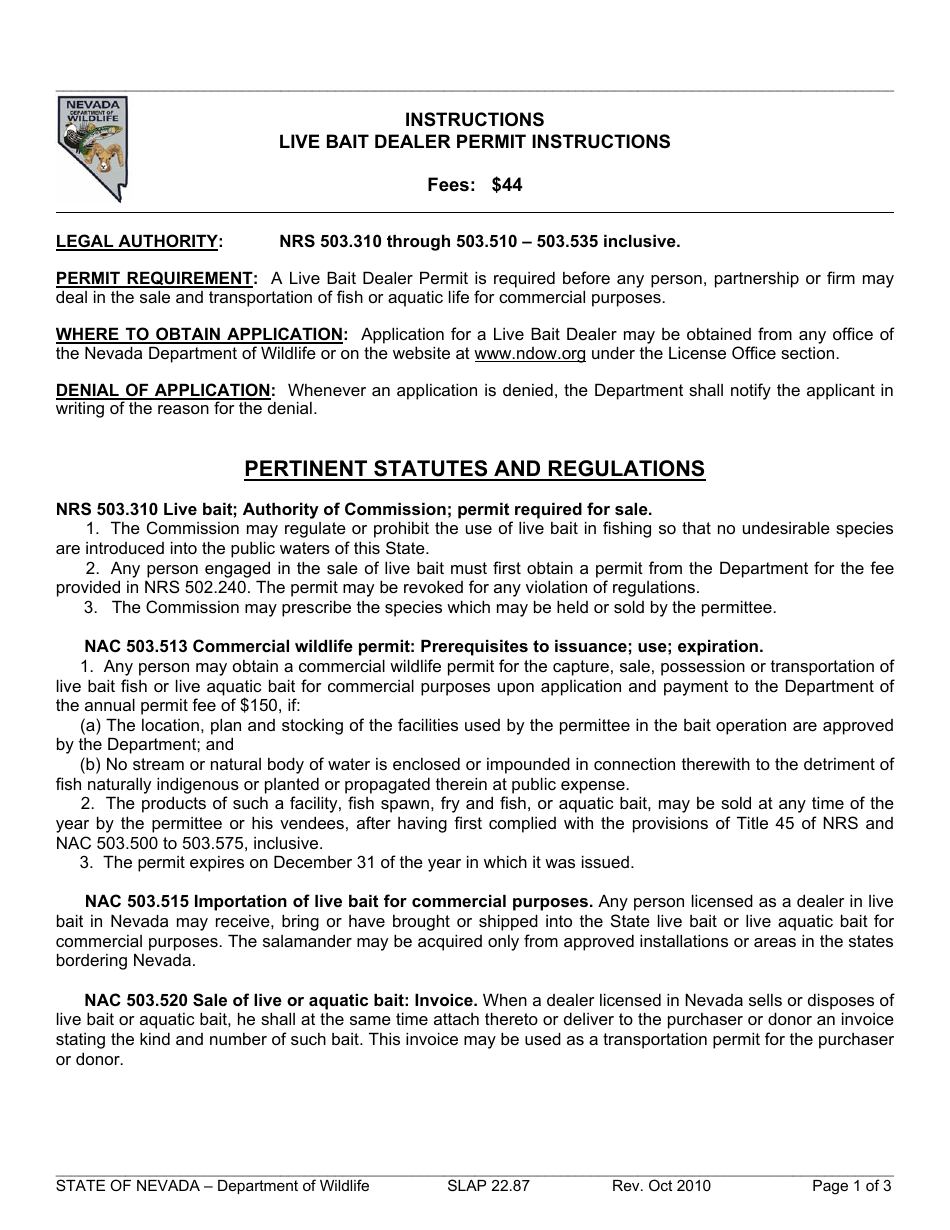 Instructions for Form SLAP22.87 Live Bait Dealer Permit Application - Nevada, Page 1