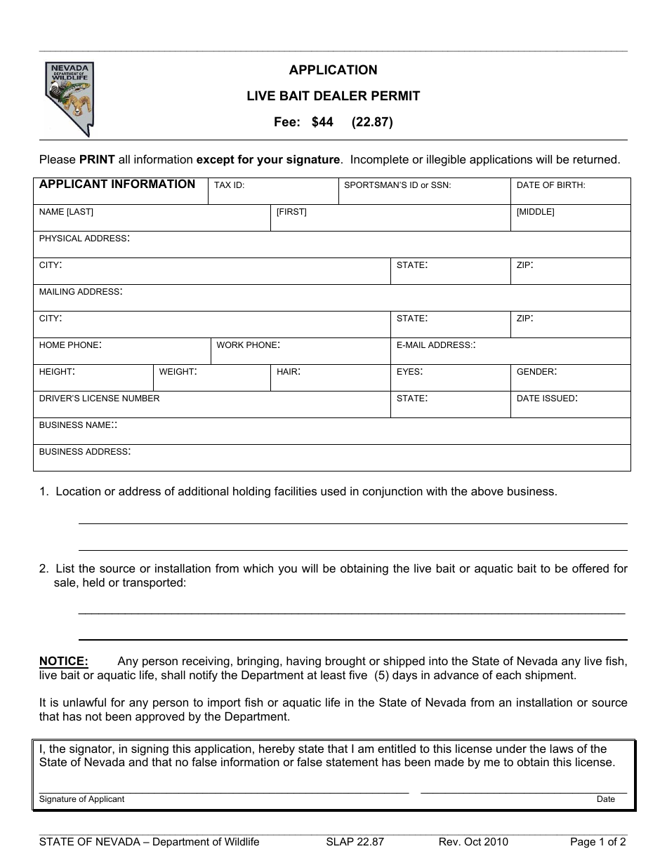 Form SLAP22.87 Application for Live Bait Dealer Permit - Nevada, Page 1