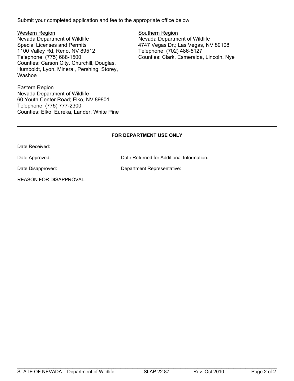 Form SLAP22.87 Application for Live Bait Dealer Permit - Nevada, Page 2