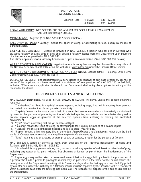 Instructions for Form SLAP22.72/99 Falconry License - Nevada