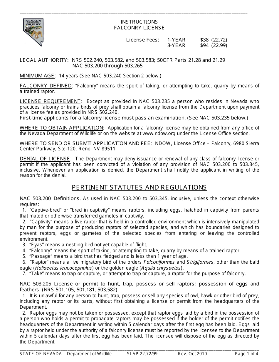 Instructions for Form SLAP22.72 / 99 Falconry License - Nevada, Page 1
