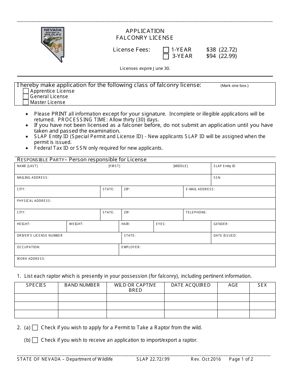 Form SLAP22.72 / .99 Application for Falconry License - Nevada, Page 1