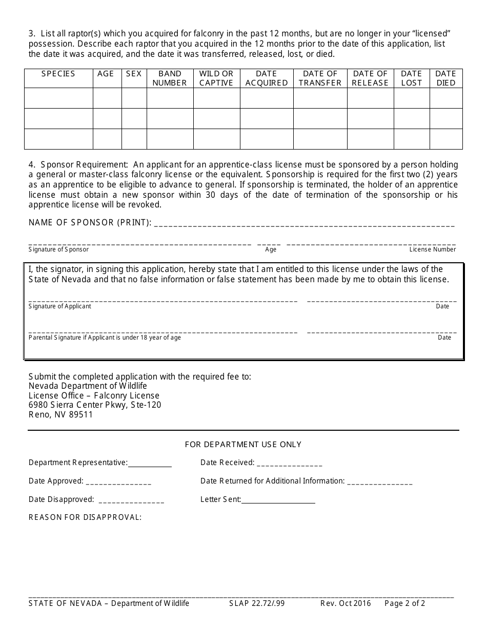Form SLAP22.72 / .99 Application for Falconry License - Nevada, Page 2