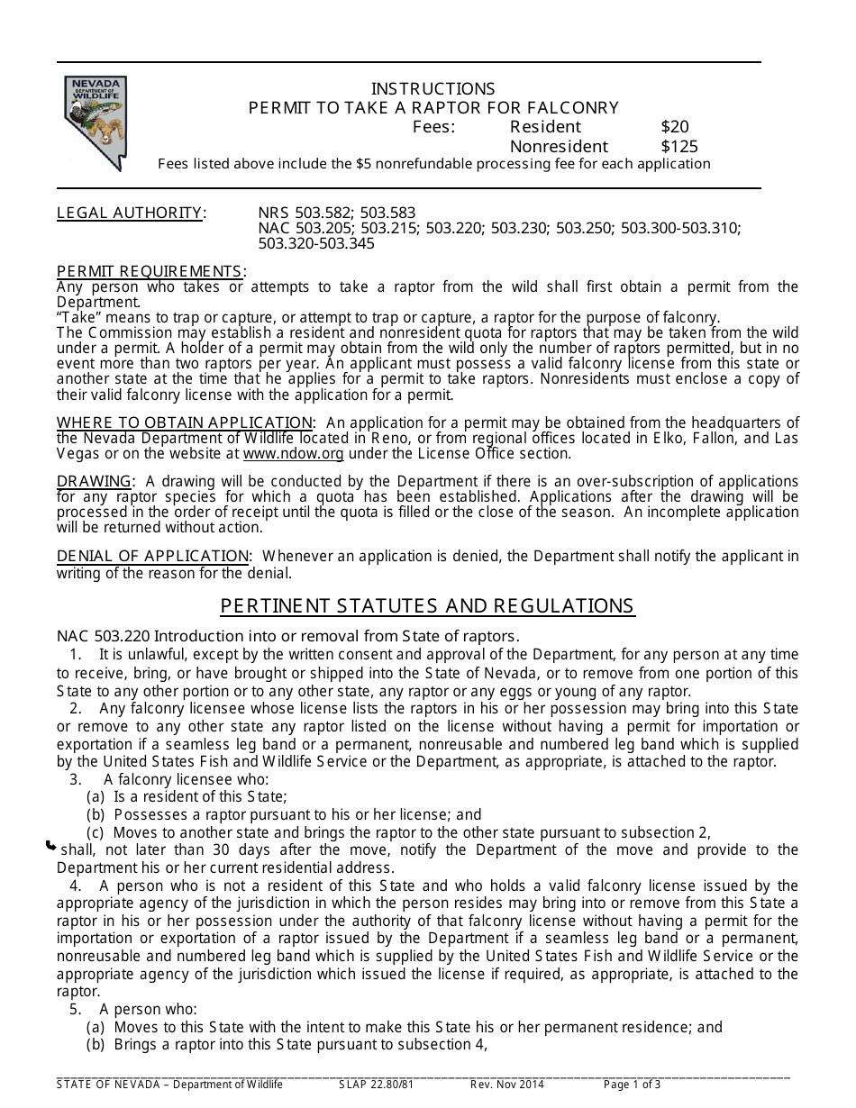 Instructions for Form SLAP22.80 / 81 Permit to Take a Raptor for Falconry - Nevada, Page 1