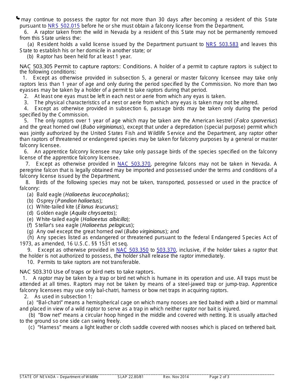 Instructions for Form SLAP22.80 / 81 Permit to Take a Raptor for Falconry - Nevada, Page 2