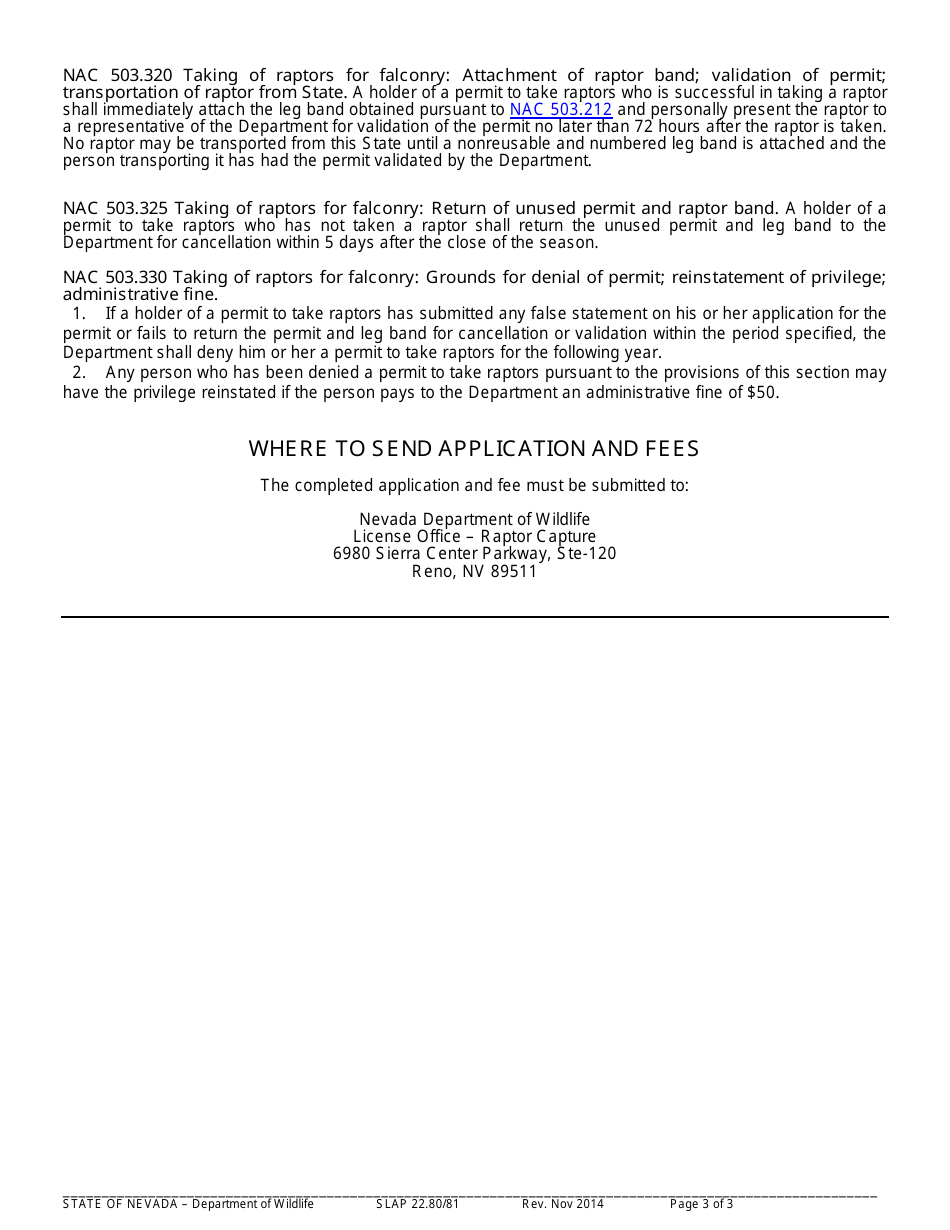 Instructions for Form SLAP22.80 / 81 Permit to Take a Raptor for Falconry - Nevada, Page 3