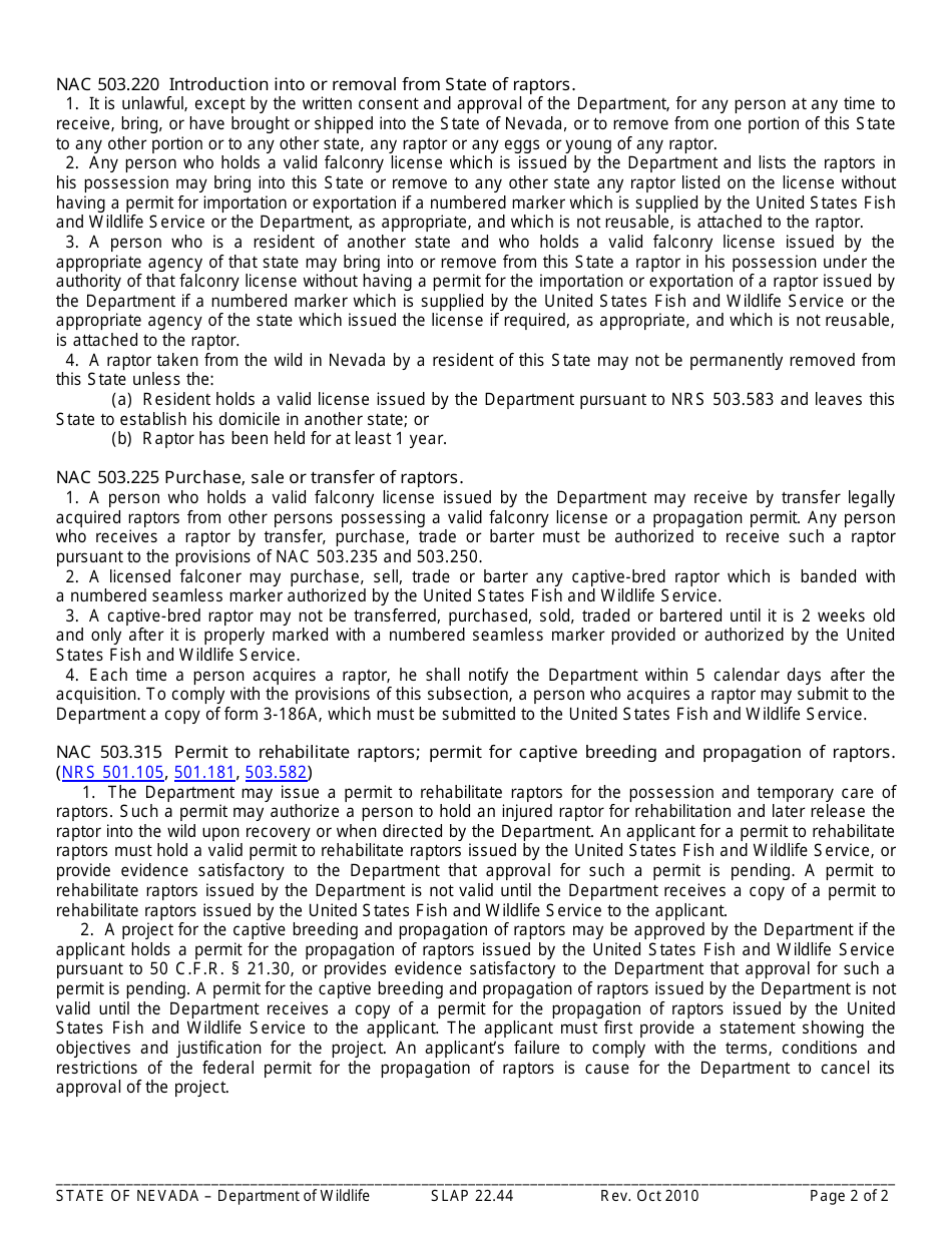 Instructions for Form SLAP22.44 Raptor Propagation Application - Nevada, Page 2