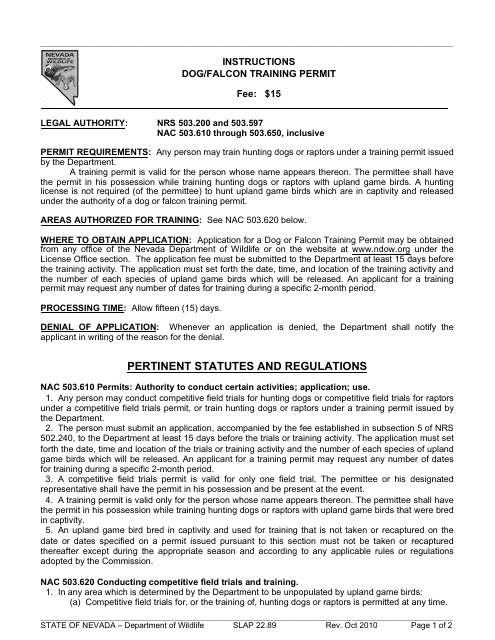 Instructions for Form SLAP22.89 Dog/Falcon Training Permit - Nevada