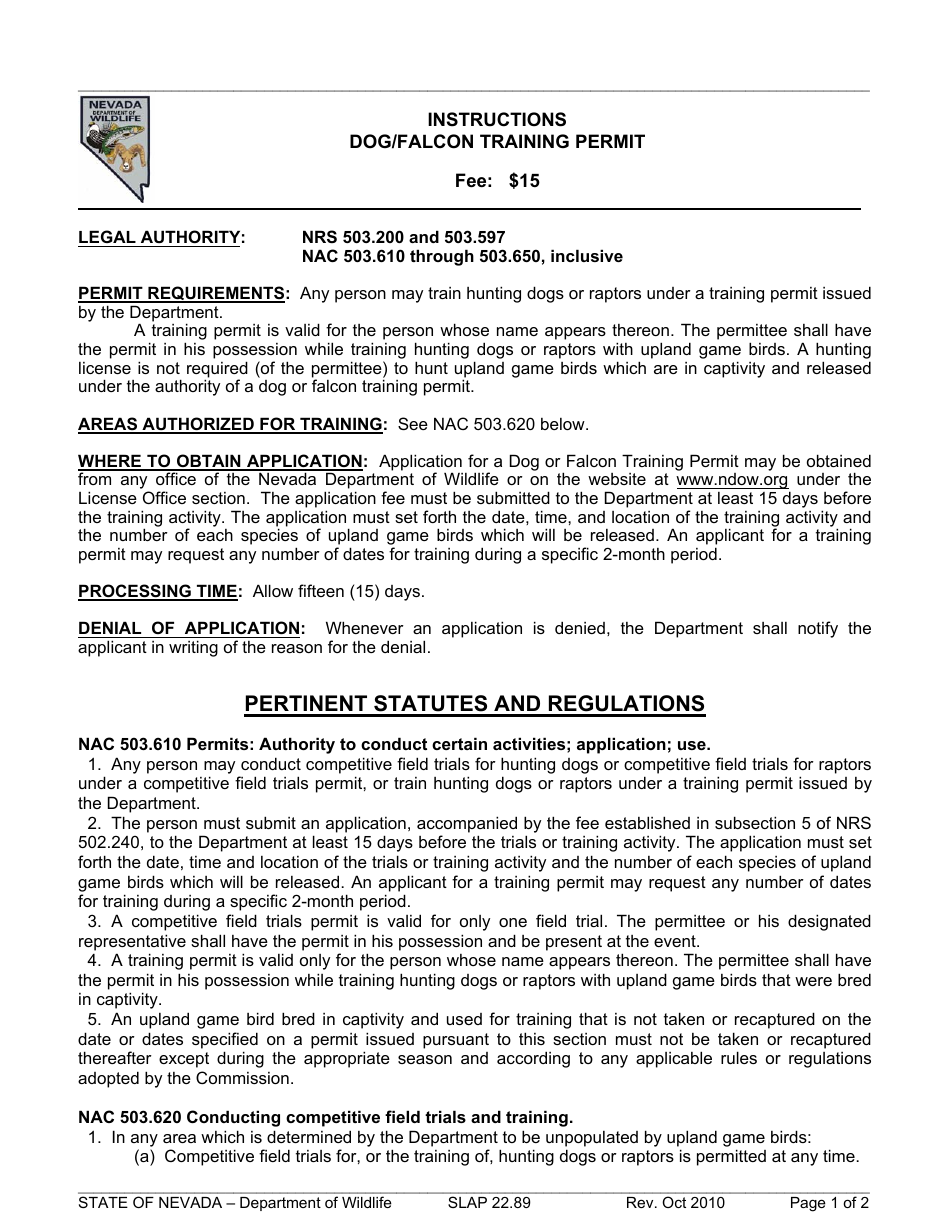 Instructions for Form SLAP22.89 Dog / Falcon Training Permit - Nevada, Page 1
